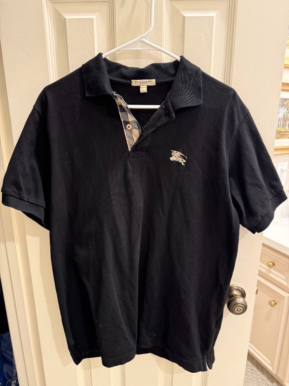 Burberry Brit Men’s Large Black Polo Shirt Check Placket Equestrian Knight Logo